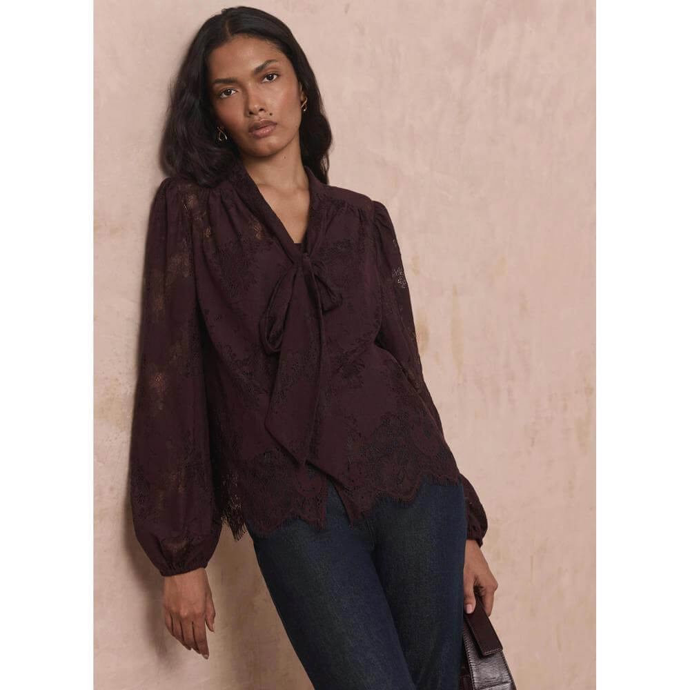 Mint Velvet Burgundy Lace Pussybow Blouse